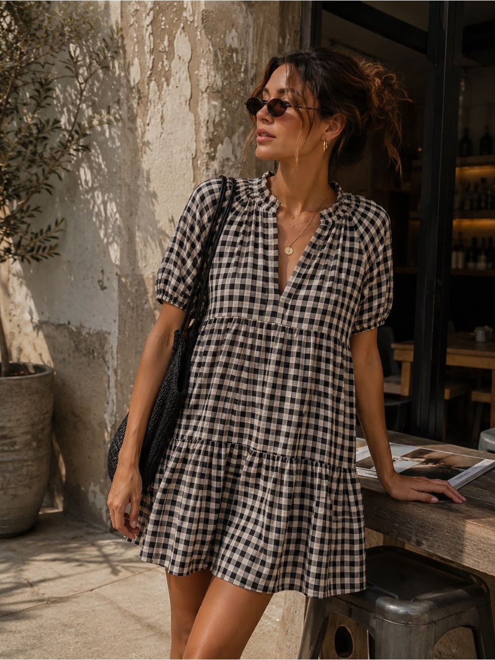 BB Dakota Gingham Tiered Swing Dress Black Cream XS